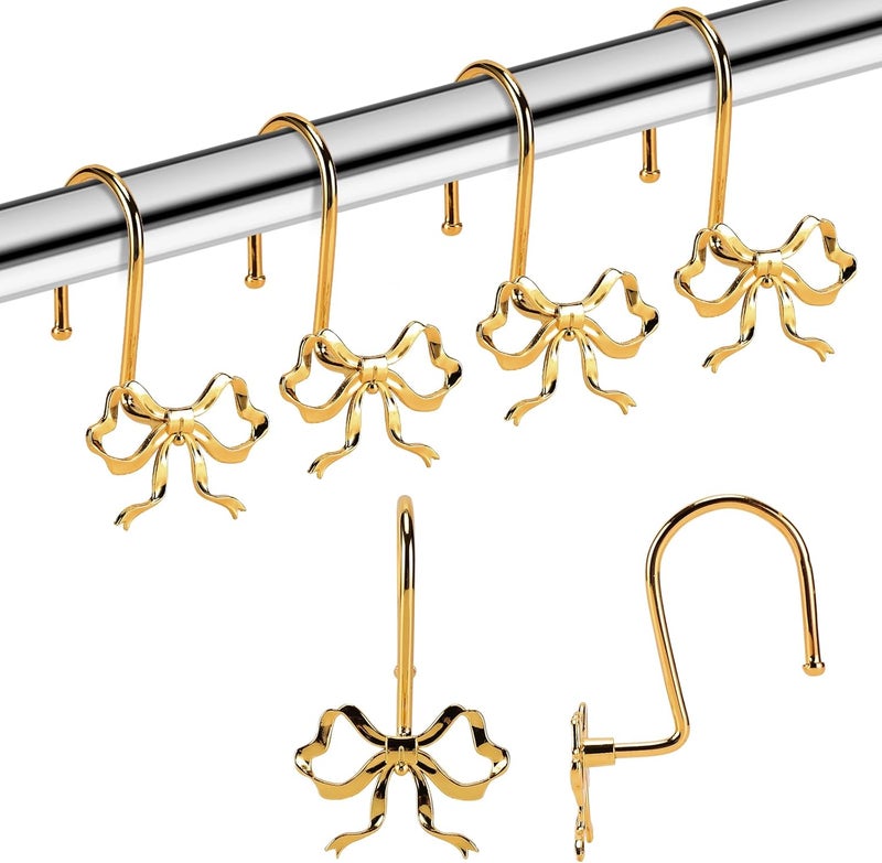 YanKiTour Bow Shower Curtain Hooks, 12 Pack Metal Decorative Rings, Rustproof Bow Knot Design for Bathroom Bedroom Living Room Baby Room Nursery Art Decor (Gold 2) - Image 1
